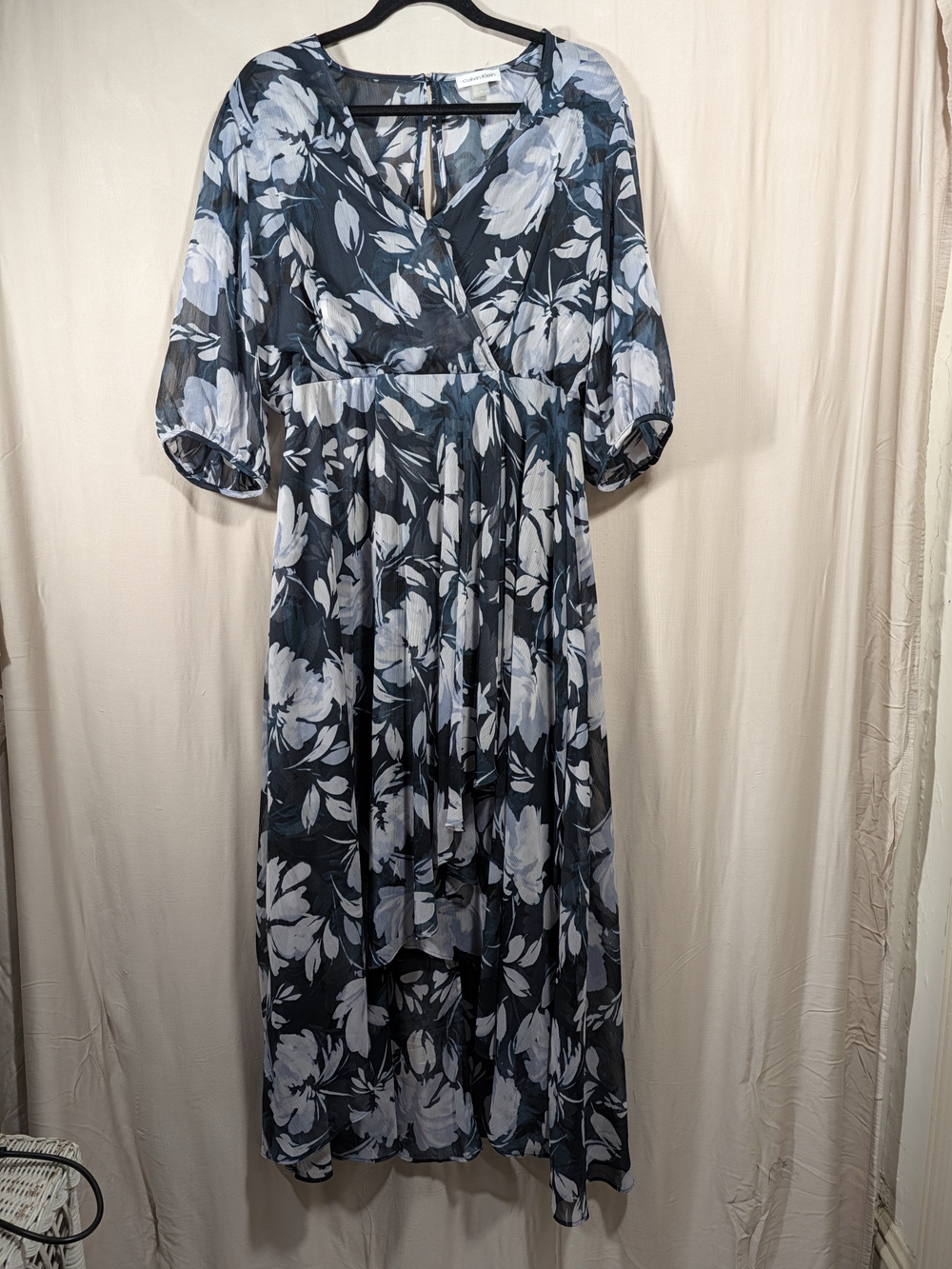 Calvin Klein Floral-Print Faux-Wrap Chiffon High-Low Dress Blue & White Size 14